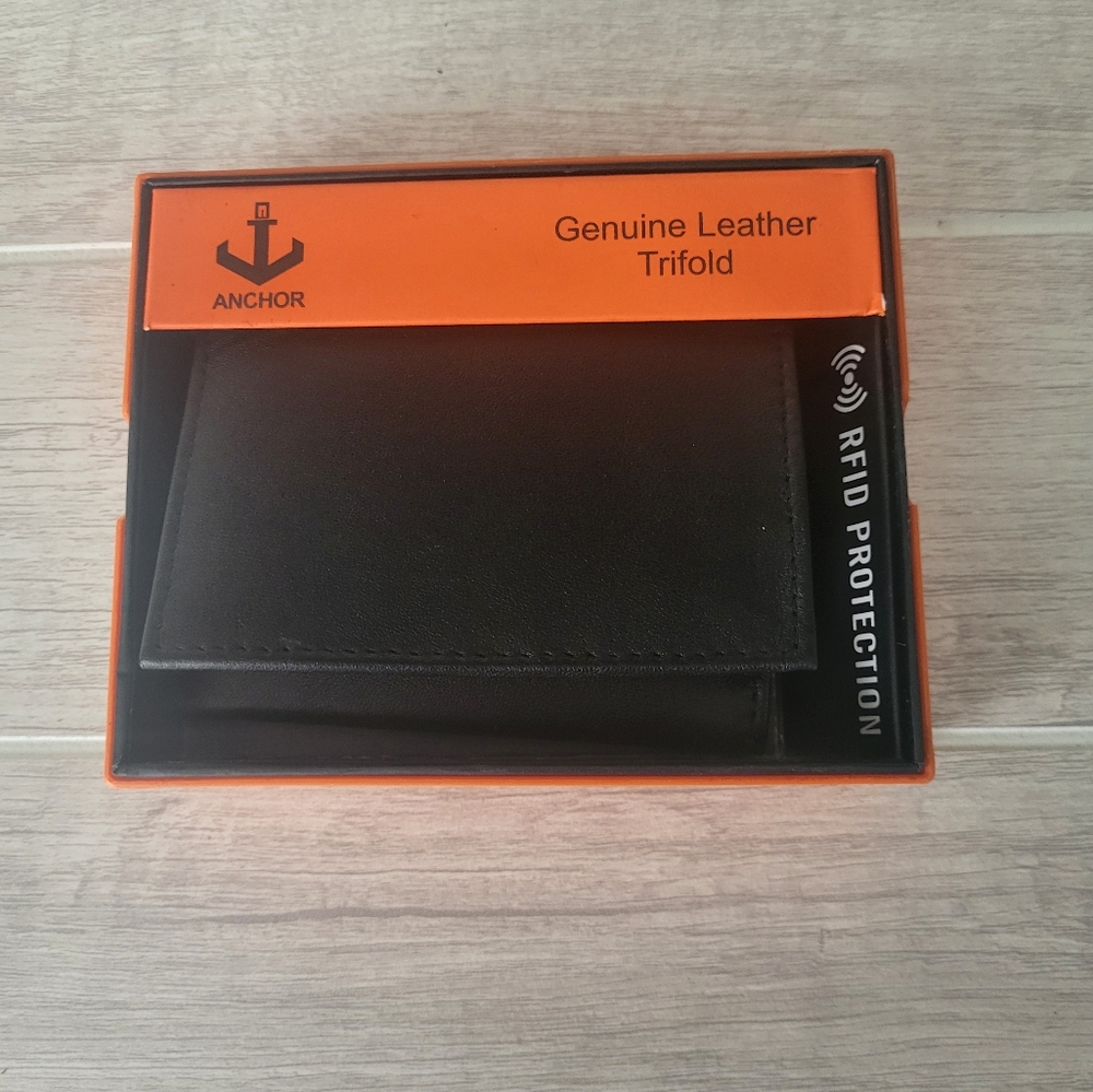 Anchor Men's‎ Tri Fold Genuine Leather Wallet Black RFID Protection